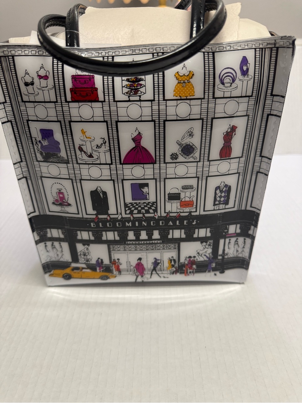 Bloomingdale's White Illustrated Shopper Tote with Black Handles